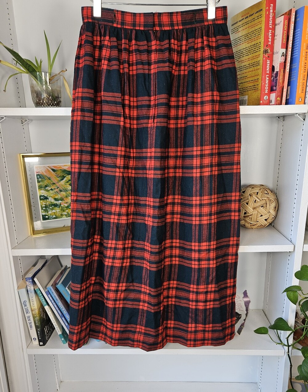 Vintage Suttles & Seawinds Plaid Midi Skirt Wool Cotton Red Blue Plaid XS Small